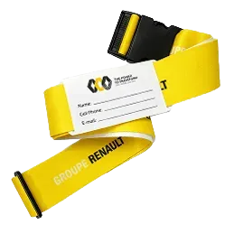 Cinta amarela personalizada para mala de viagem com trava regulável e etiqueta de identificação, indicada para proteger e localizar bagagens.
