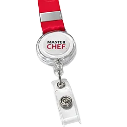 Porta-crachá retrátil personalizado com cordão vermelho, ioiô transparente e suporte para crachá, ideal para identificação em eventos e empresas.