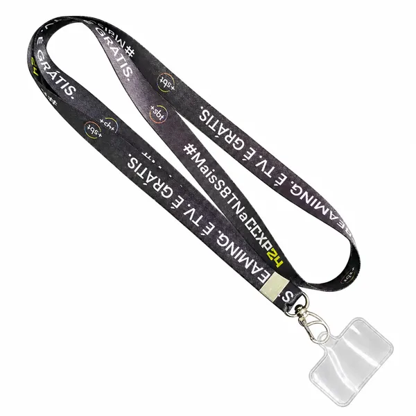 Cordão para celular personalizado em poliéster com impressão digital, argola metálica e suporte transparente para prender ao smartphone com segurança.