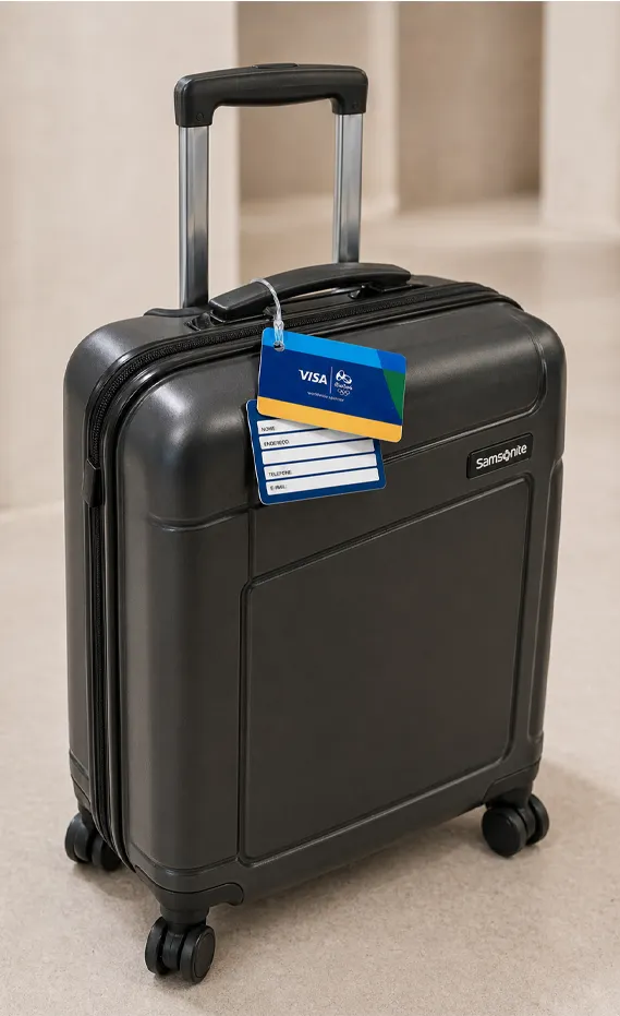 Mala de viagem preta com tag de bagagem personalizada em PVC, presa ao puxador com cordão para identificação segura e prática.